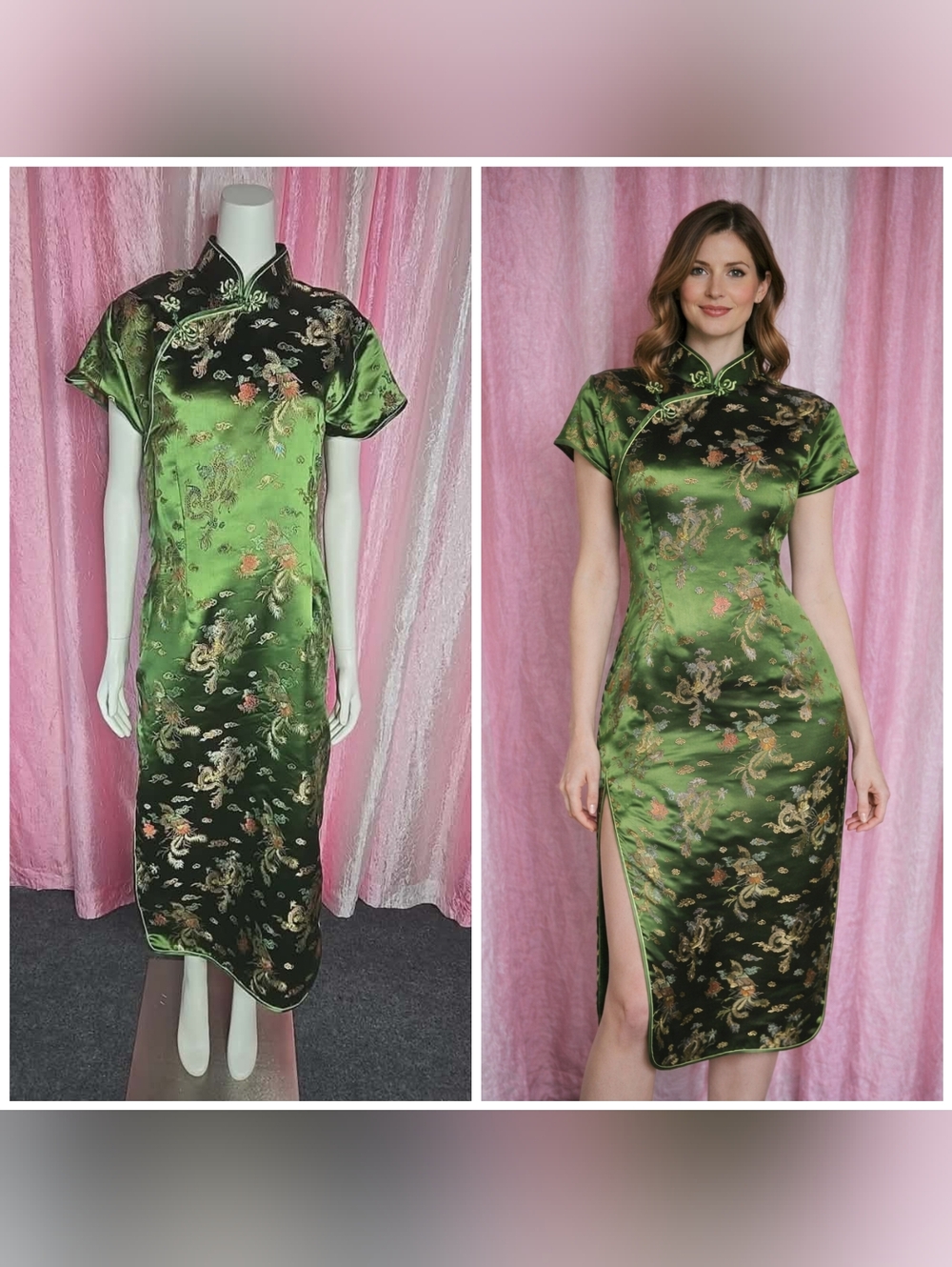 Lian Lin Vintage Grean Asian Floral Emrbroidered Satin Maxi Dress Size Large